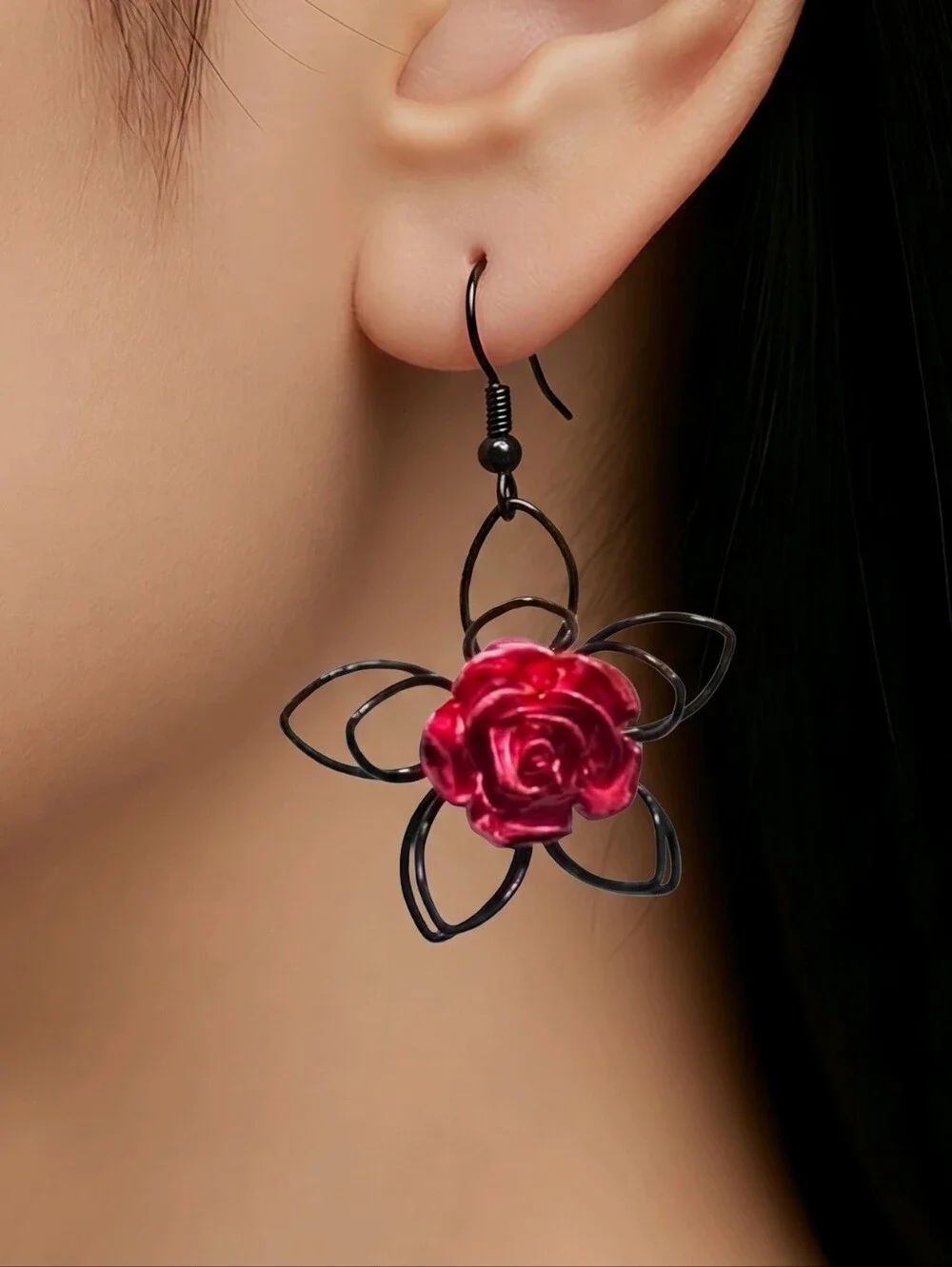 Gothic Rose Earrings – Black Wire Flower Red Resin Dangle Dark Romance Statement